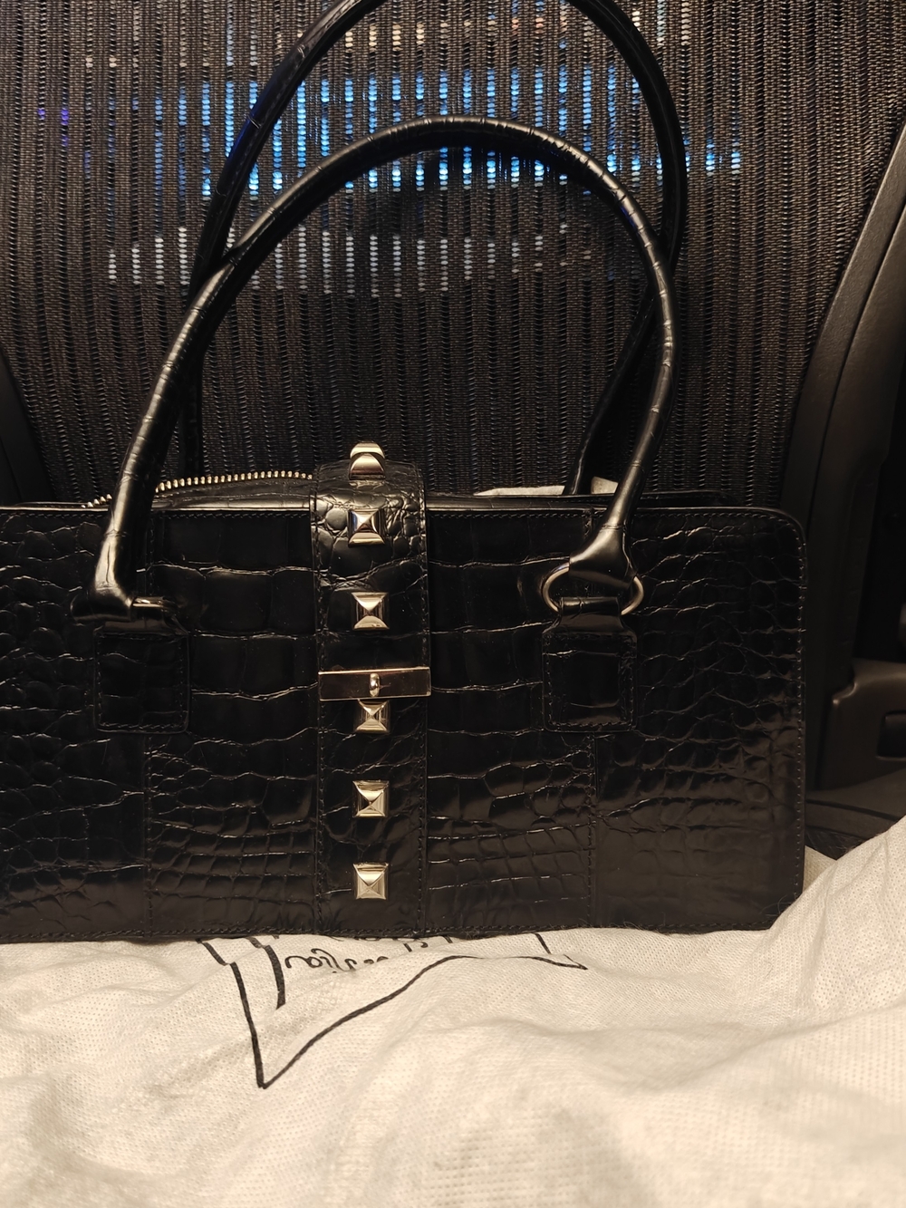 Cynthia Rowley Black Croc-Embossed Satchel with Gold Studs